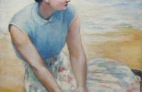 乔治·范·豪滕 (Georges van Houten，1888–1964)-一位身穿蓝色花裙的女士在海滩上的肖像