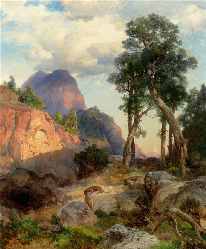 托马斯·莫兰 (Thomas Moran,美国画家)作品-大峡谷中的山狮(山狮的巢穴)(1914 年)