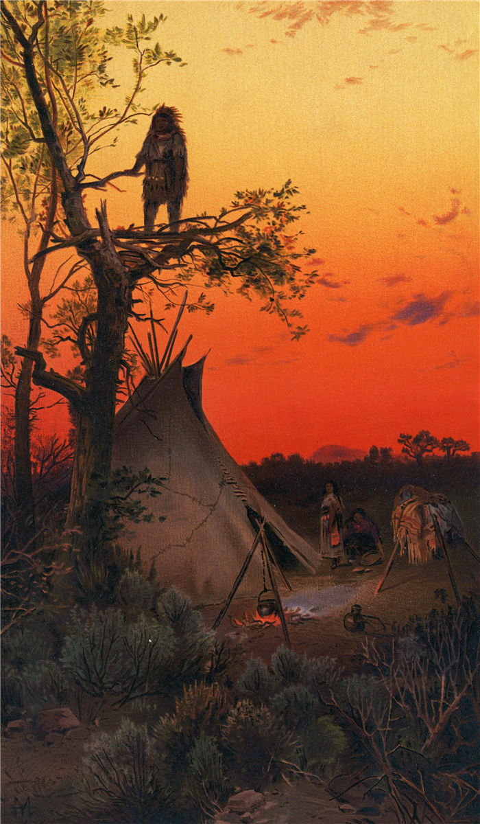 托马斯·莫兰 (Thomas Moran，美国画家)作品-在瞭望台上。– 一个 Ute。坎普，犹他州。（1881 年）（约 1861-1897 年）