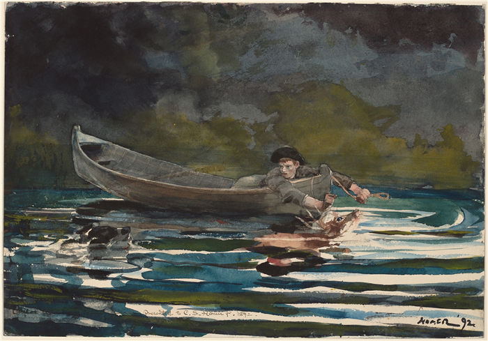 温斯洛·荷马 (Winslow Homer,美国画家)作品-《猎犬与猎人》草图(1891-1892)
