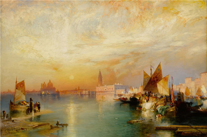 托马斯·莫兰 (Thomas Moran,美国画家)作品-日落圣玛丽亚和威尼斯公爵宫 (1902)
