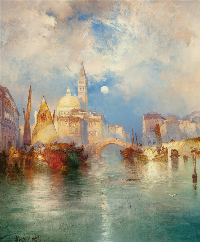 托马斯·莫兰 (Thomas Moran，美国画家)作品-月出，基奥贾，威尼斯（1897 年）