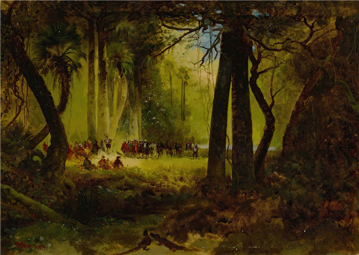 托马斯·莫兰 (Thomas Moran,美国画家)作品-印第安人接待多米尼克·德·古尔盖 (Dominique de Gourgues)(1877 年)