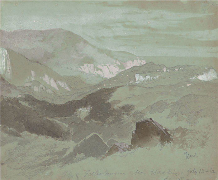 托马斯·莫兰 (Thomas Moran,美国画家)作品-黑斯廷斯附近的埃克尔斯本悬崖 (1862)