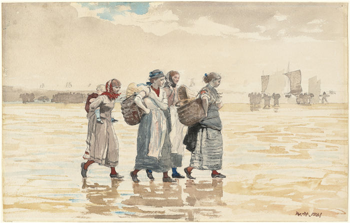 温斯洛·荷马 (Winslow Homer，美国画家)作品-海滩上的四个鱼妻 (1881)