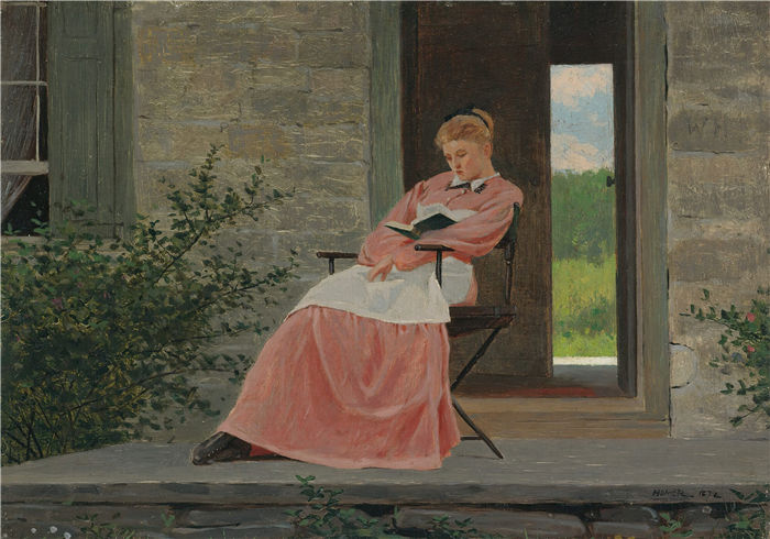 温斯洛·荷马 (Winslow Homer，美国画家)作品-在石廊上读书的女孩 (1872)