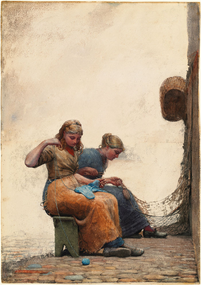 温斯洛·荷马 (Winslow Homer，美国画家)作品-修补篮网 (1882)