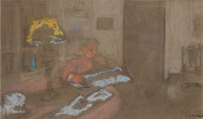 爱德华·维亚尔(Édouard Vuillard，法国画家)作品-维亚尔夫人阅读报纸