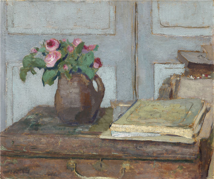 爱德华·维亚尔(Édouard Vuillard,法国画家)作品-艺术家的颜料盒和苔藓玫瑰(1898 年)