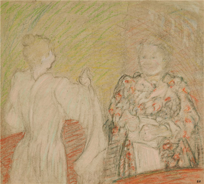 爱德华·维亚尔(Édouard Vuillard，法国画家)作品-维亚尔夫人与小女孩交谈 (1893)