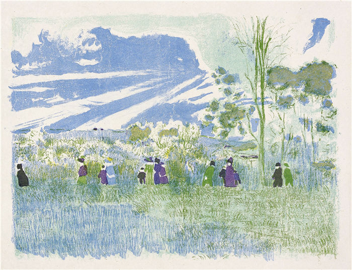 爱德华·维亚尔(Édouard Vuillard，法国画家)作品-穿过田野，《风景与室内》（1899）中的第三版