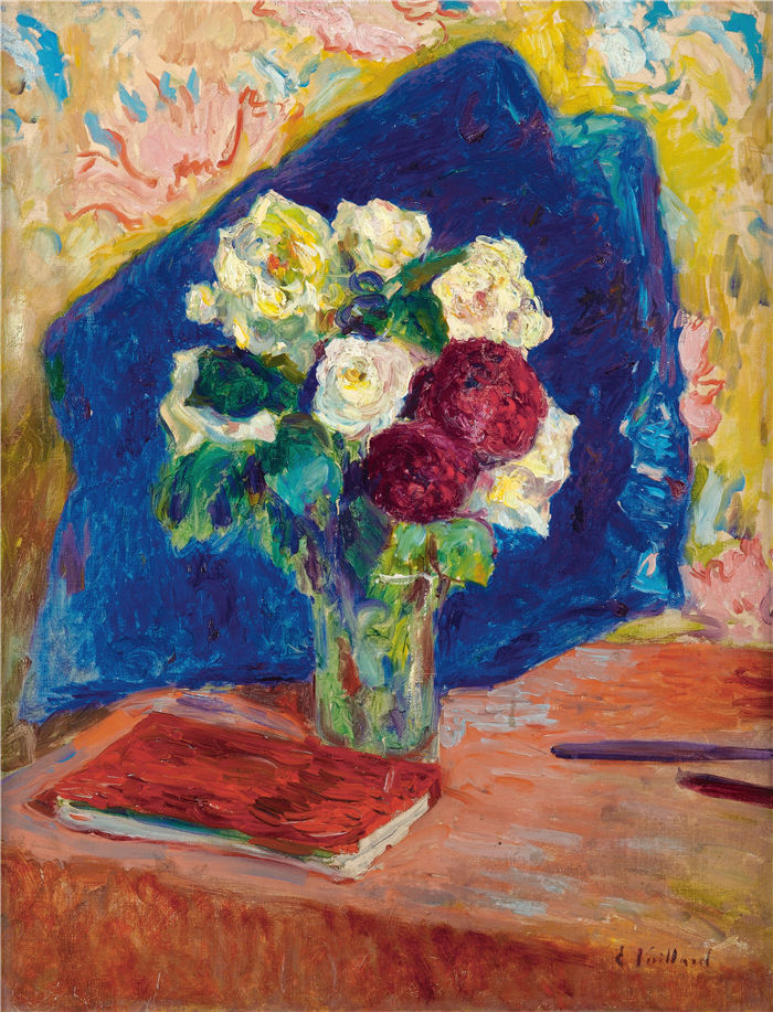 爱德华·维亚尔(Édouard Vuillard,法国画家)作品-花束和书(Circa 1910)