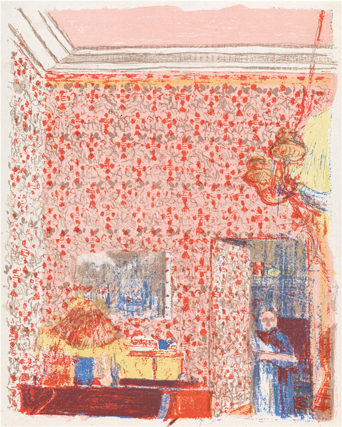 爱德华·维亚尔(Édouard Vuillard，法国画家)作品-带粉红色挂饰的室内 I（1898 - 1899）