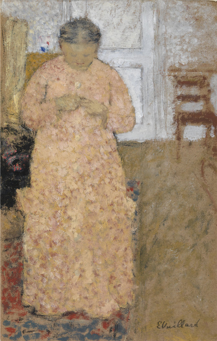 爱德华·维亚尔(Édouard Vuillard，法国画家)作品-粉红色连衣裙的针织女人