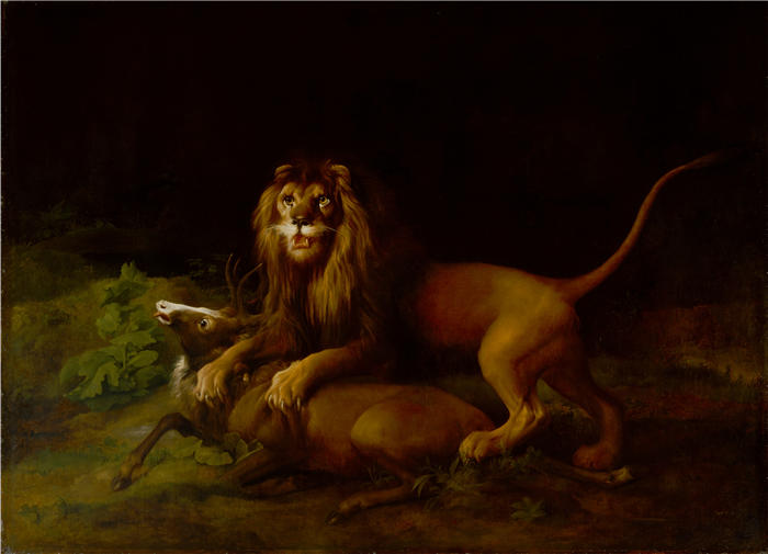 乔治·斯塔布斯（George Stubbs，英国画家）作品-狮子攻击雄鹿（1765 年至 1766 年之间）