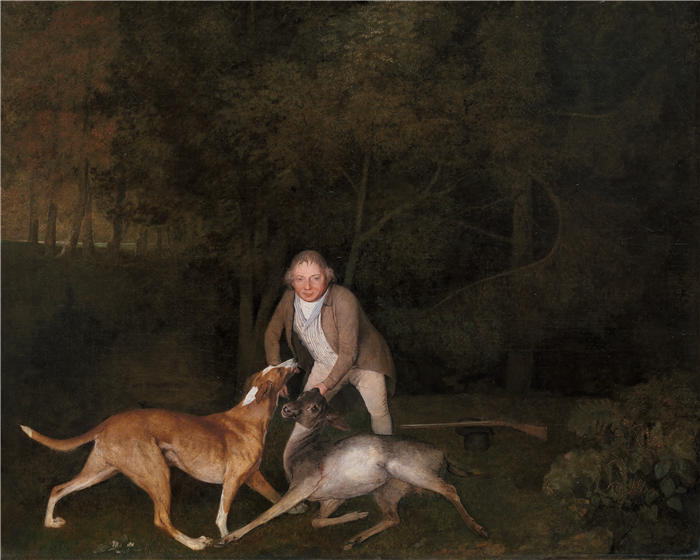 乔治·斯塔布斯（George Stubbs，英国画家）作品-弗里曼，克拉伦登伯爵的猎场看守，带着一只垂死的母鹿和猎犬（1800 年）