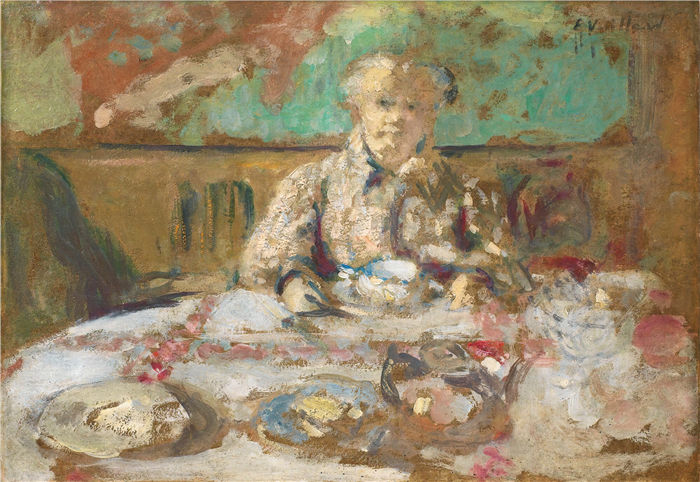 爱德华·维亚尔(Édouard Vuillard，法国画家)作品-餐桌上的维拉德夫人（约 1903 年）