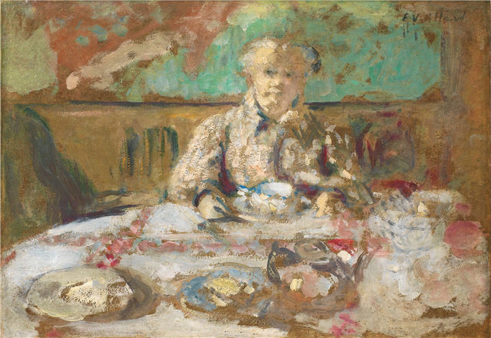 爱德华·维亚尔(Édouard Vuillard,法国画家)作品-餐桌上的维拉德夫人(约 1903 年)