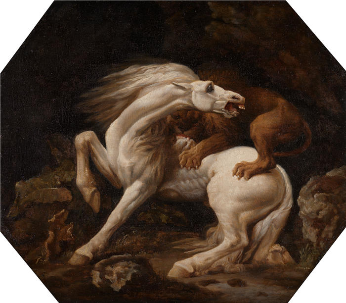 乔治·斯塔布斯(George Stubbs,英国画家)作品-被狮子袭击的马(1768 年至 1769 年)