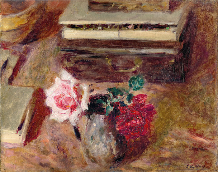 爱德华·维亚尔(Édouard Vuillard,法国画家)作品-两朵玫瑰和粉彩盒(1903-2004)