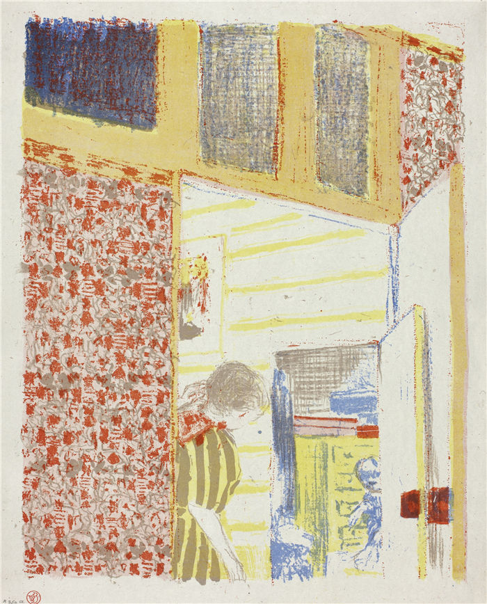 爱德华·维亚尔(Édouard Vuillard,法国画家)作品-室内粉红色壁纸 III (1899)