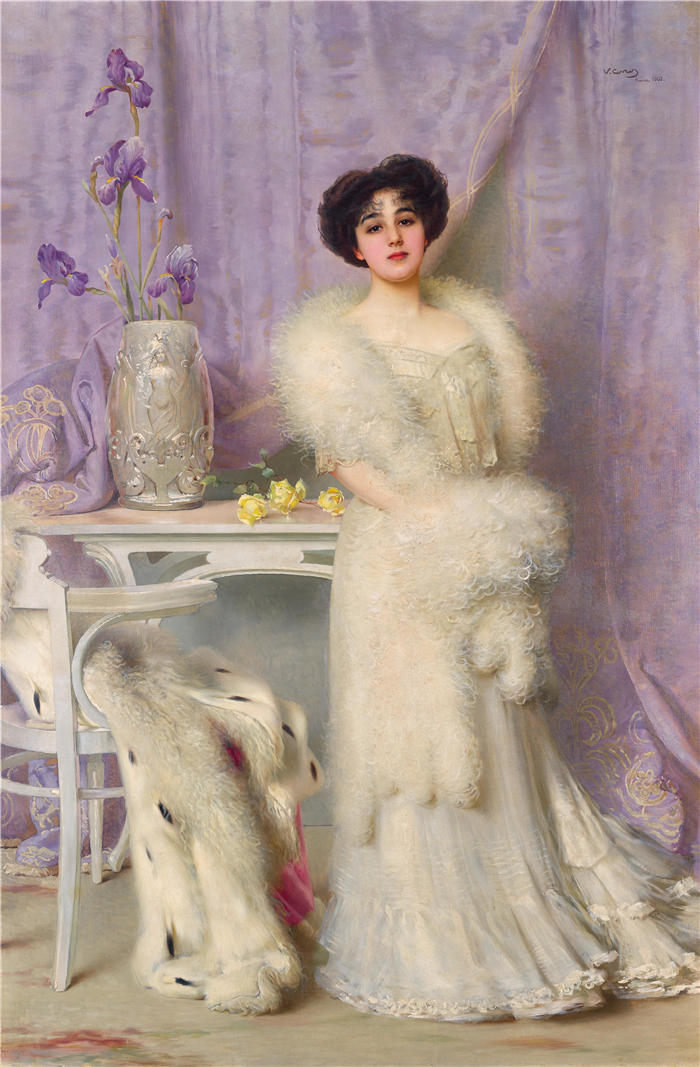 维托里奥·马泰奥·科科斯(Vittorio Matteo Corcos，意大利画家)作品-黛安·德拉·布歇尔  的肖像高清下载