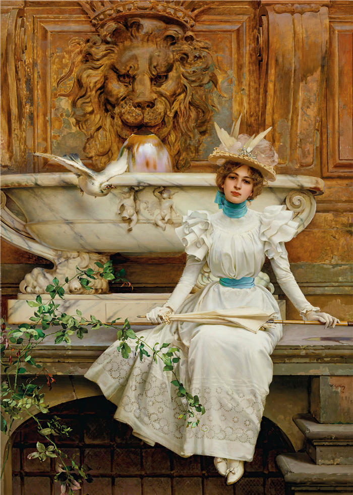 维托里奥·马泰奥·科科斯(Vittorio Matteo Corcos，意大利画家)作品-在喷泉处（两只鸽子）（1896 年）高清下载