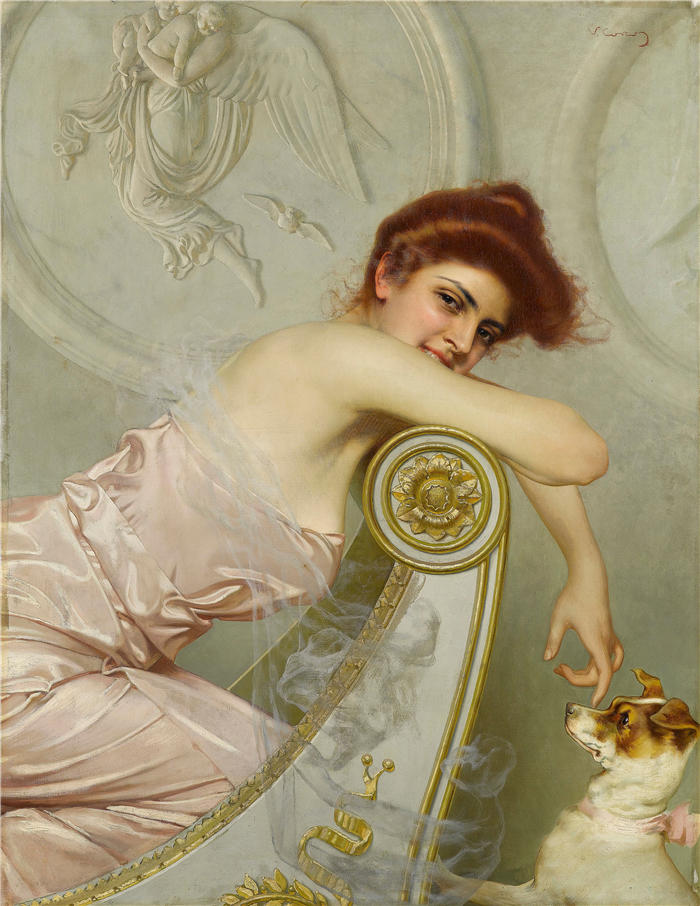维托里奥·马泰奥·科科斯(Vittorio Matteo Corcos，意大利画家)作品-带小狗的年轻女士（c1895）高清下载
