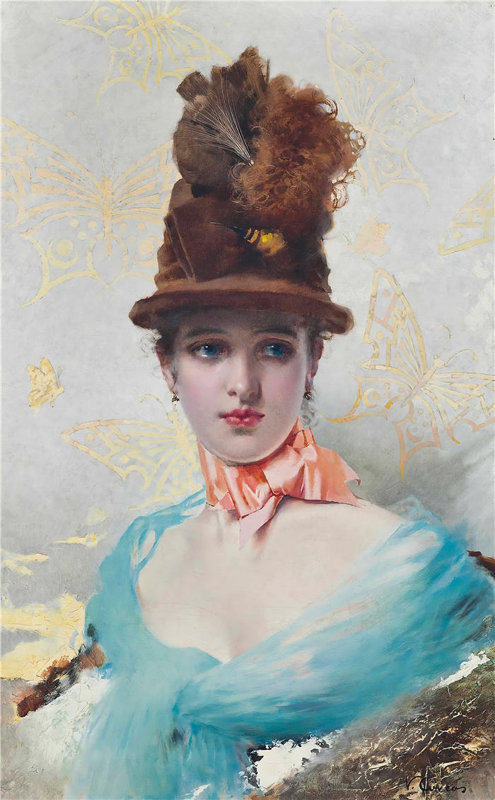 维托里奥·马泰奥·科科斯(Vittorio Matteo Corcos，意大利画家)作品-一个优雅的半身肖像高清下载