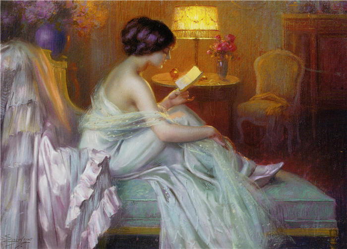 德尔菲恩·恩霍拉斯(delphin enjolras,法国画家)作品-灯光下阅读油画高清下载