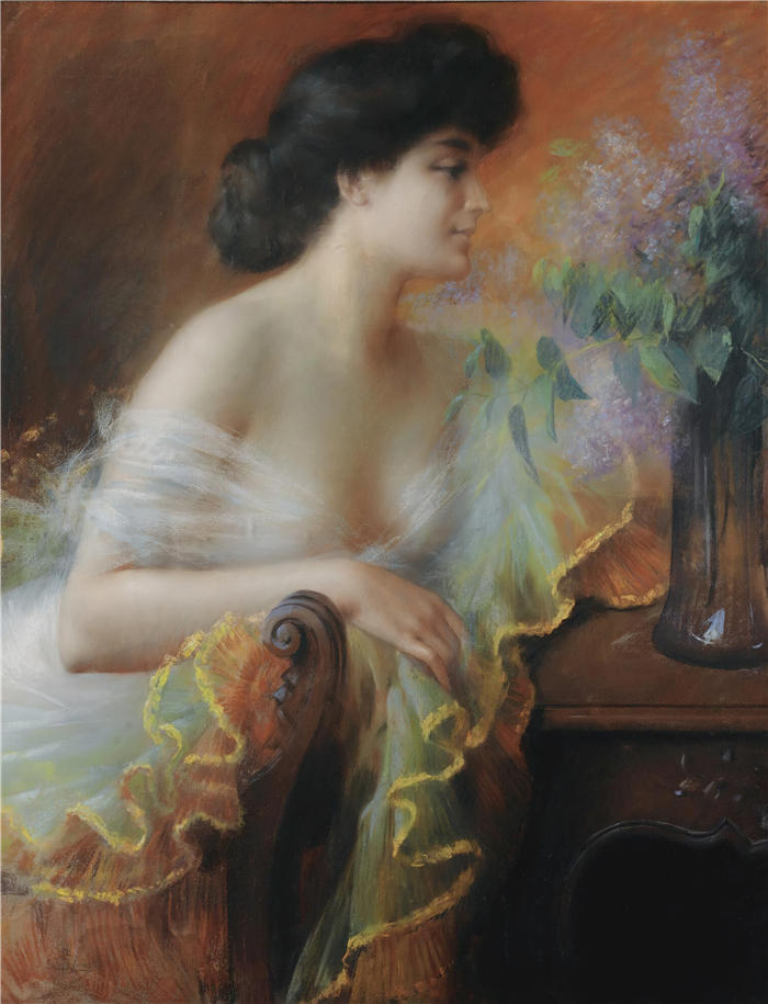 德尔菲恩·恩霍拉斯(delphin enjolras,法国画家)作品-淡紫色花束的女人油画高清下载