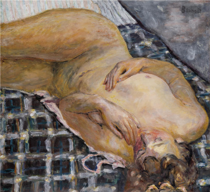 皮埃尔·邦纳德(Pierre Bonnard,法国画家)作品-斜倚在白色和蓝色格子上的裸体(约 1909 年)高清下载