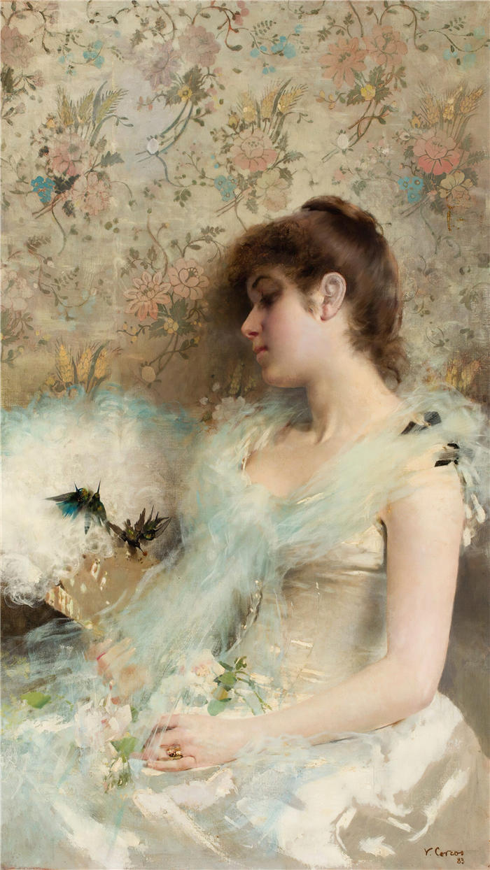 维托里奥·马泰奥·科科斯(Vittorio Matteo Corcos，意大利画家)作品-蜂鸟女孩 (1883)高清下载