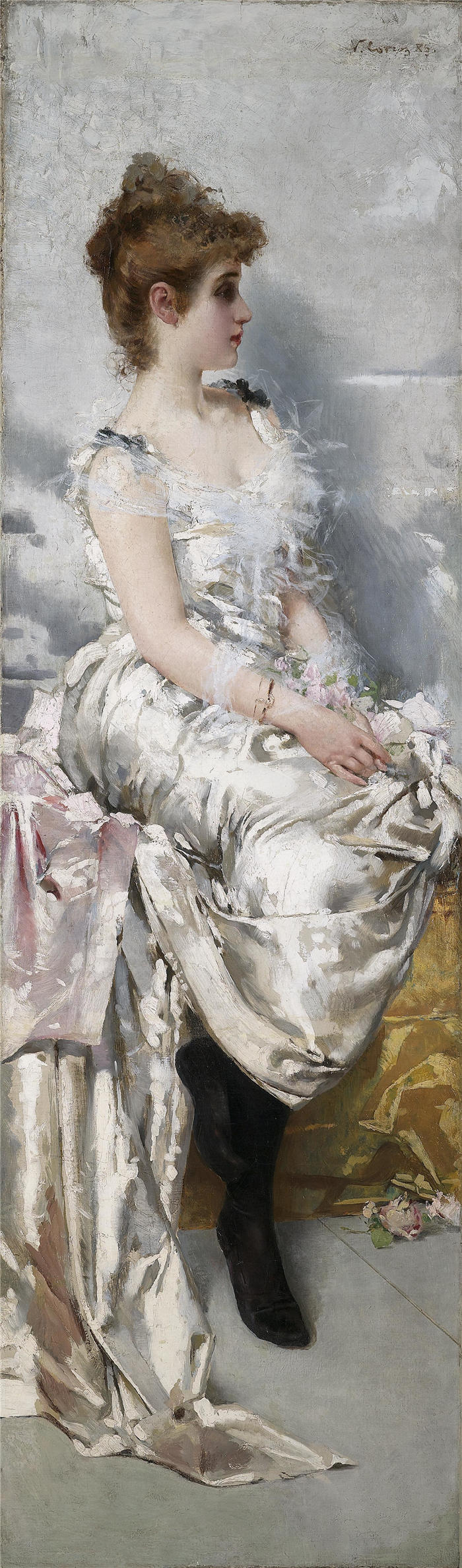 维托里奥·马泰奥·科科斯(Vittorio Matteo Corcos，意大利画家)作品-年轻女子在白色连衣裙与鲜花的肖像高清下载