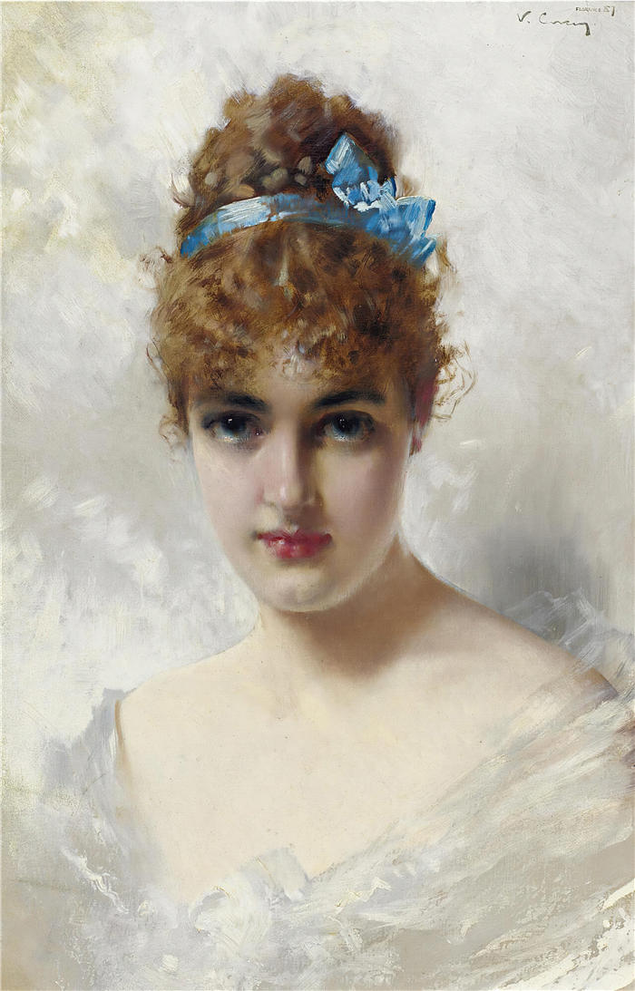 维托里奥·马泰奥·科科斯(Vittorio Matteo Corcos，意大利画家)作品-白衣年轻女子肖像（1887 年）高清下载