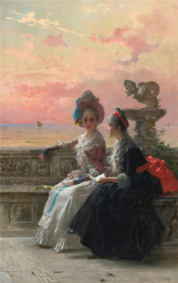 维托里奥·马泰奥·科科斯(Vittorio Matteo Corcos，意大利画家)作品-一个共享的秘密 (1888)高清下载