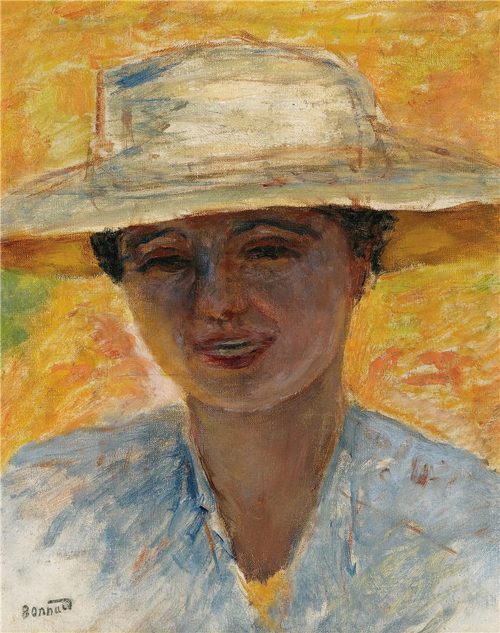皮埃尔·邦纳德(Pierre Bonnard,法国画家)作品-戴大帽子的女人肖像(约 1917 年)高清下载