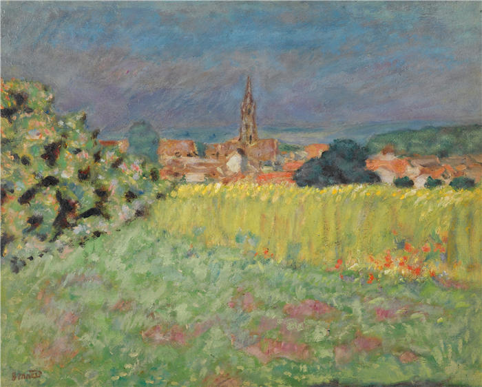 皮埃尔·邦纳德（Pierre Bonnard，法国画家）作品-教堂前的麦田（约 1907 年）高清下载