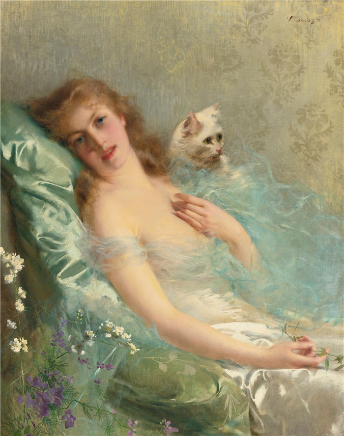 维托里奥·马泰奥·科科斯(Vittorio Matteo Corcos，意大利画家)作品-白猫 (1891)高清下载