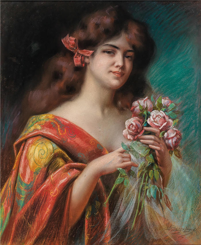 德尔菲恩·恩霍拉斯(delphin enjolras，法国画家)作品-一位身穿睡衣、手捧玫瑰的女士的肖像油画高清下载