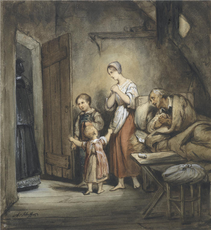 阿里·谢弗(Ary Scheffer,荷兰画家)作品-生病的人躺在床上，身边有妻子和两个孩子（1805 - 1858）油画高清下载
