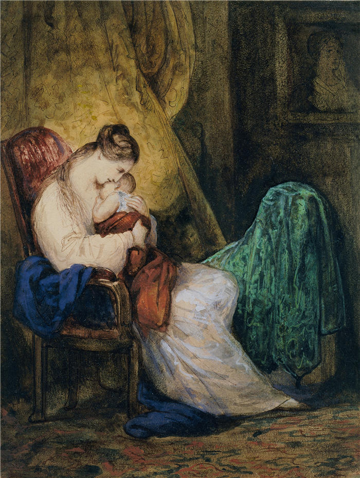 阿里·谢弗(Ary Scheffer,荷兰画家)作品-母子（可能约 1830 年）油画高清下载