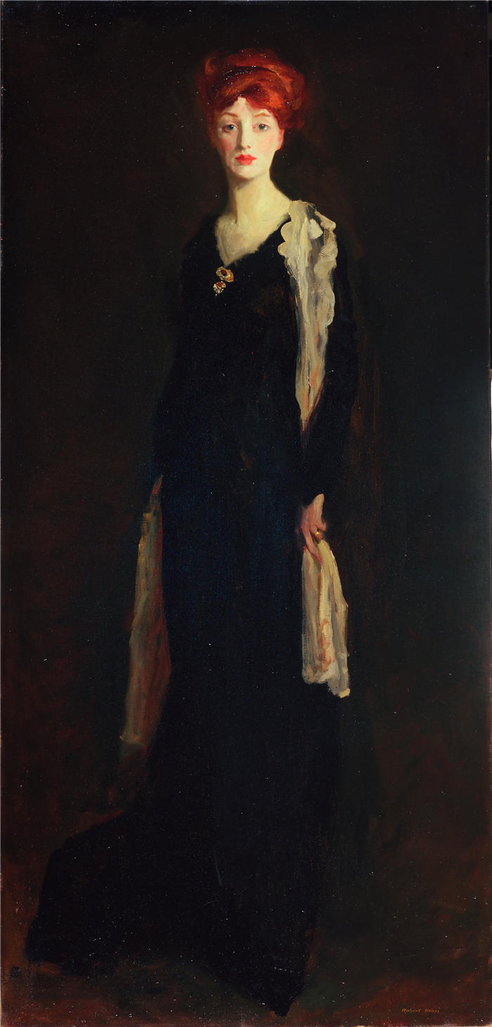 罗伯特·亨利（Robert Henri，美国画家）作品-《西班牙围巾黑衣女士》高清下载