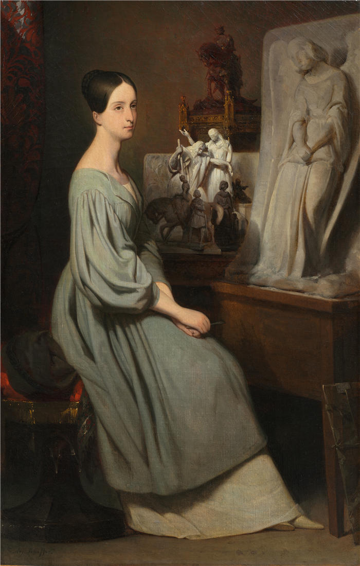阿里·谢弗(Ary Scheffer,荷兰画家)作品-玛丽·德·奥尔良公主在她的工作室（约 1838 年）油画高清下载