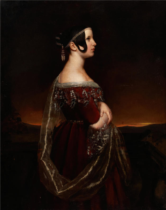 阿里·谢弗(Ary Scheffer,荷兰画家)作品-戴珍珠女士的肖像（约 1830-1840 年）油画高清下载