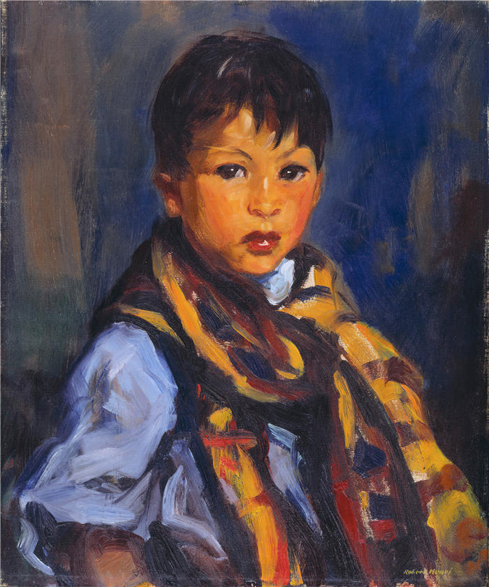 罗伯特·亨利（Robert Henri，美国画家）作品-《戴格子围巾的男孩 (1916)》高清下载