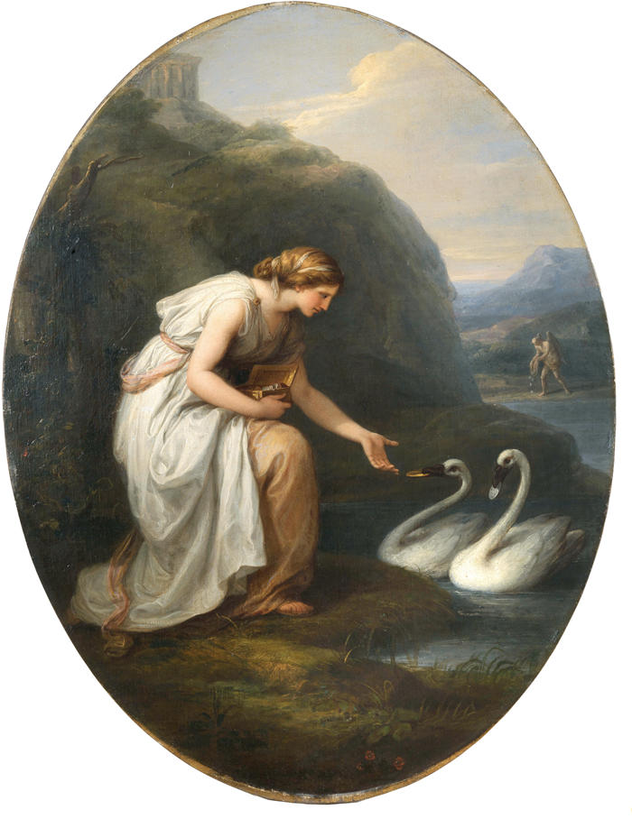 安吉莉卡·考夫曼(Angelica Kauffmann,瑞士画家)作品-Immortalia,不朽女神,收到两只天鹅的铭牌高清下载