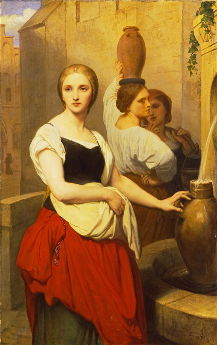 阿里·谢弗(Ary Scheffer,荷兰画家)作品-喷泉旁的玛格丽特 (1858)油画高清下载