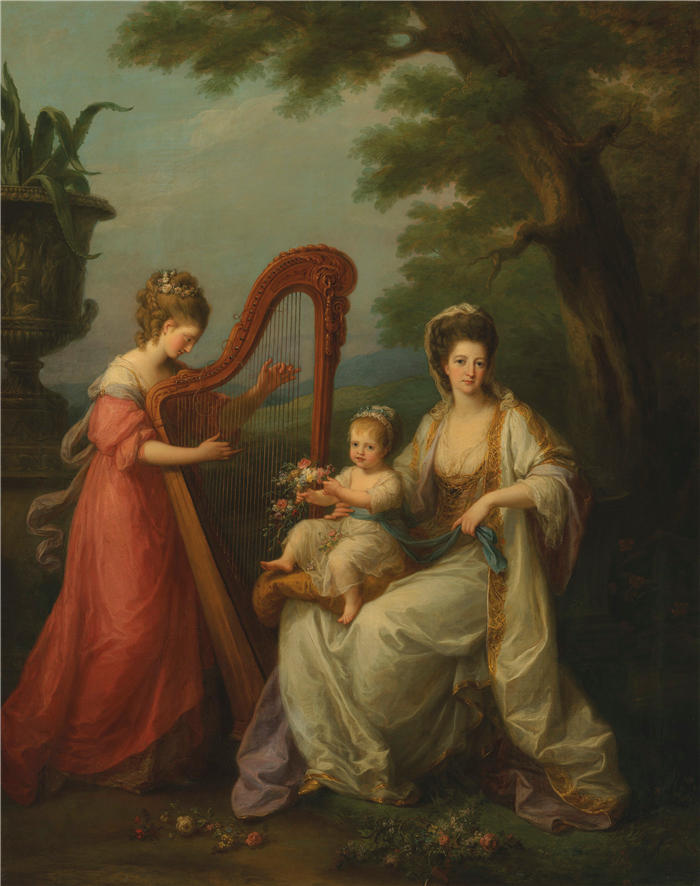 安吉莉卡·考夫曼（Angelica Kauffmann，瑞士画家）作品-德比伯爵夫人伊丽莎白·史密斯-斯坦利夫人和她年幼的儿子爱德华和她同父异母的妹妹奥古斯塔·坎贝尔夫人的合影