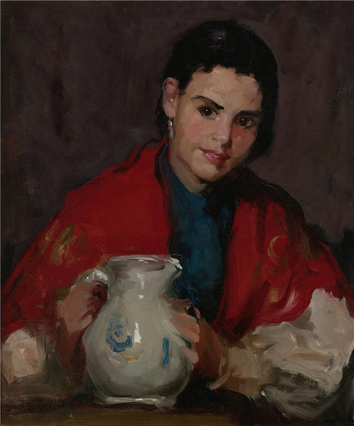 罗伯特·亨利（Robert Henri，美国画家）作品-《塞戈维亚女孩拿着投手 (1912)》高清下载